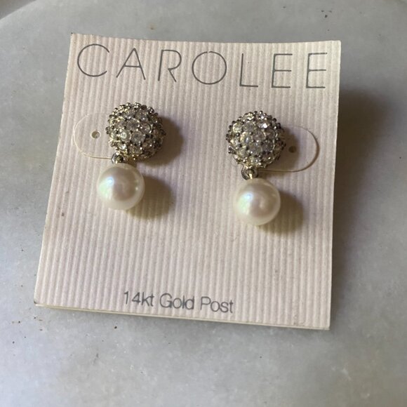 NWT Carolee CZ & glass pearl 14kt gold post pierced earrings coquette romantic - Picture 2 of 5